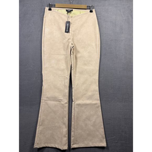 NWT Pretty Little Thing Petite Faux Leather Zip Front Flared Trousers Stone Sz 8 - Picture 2 of 10